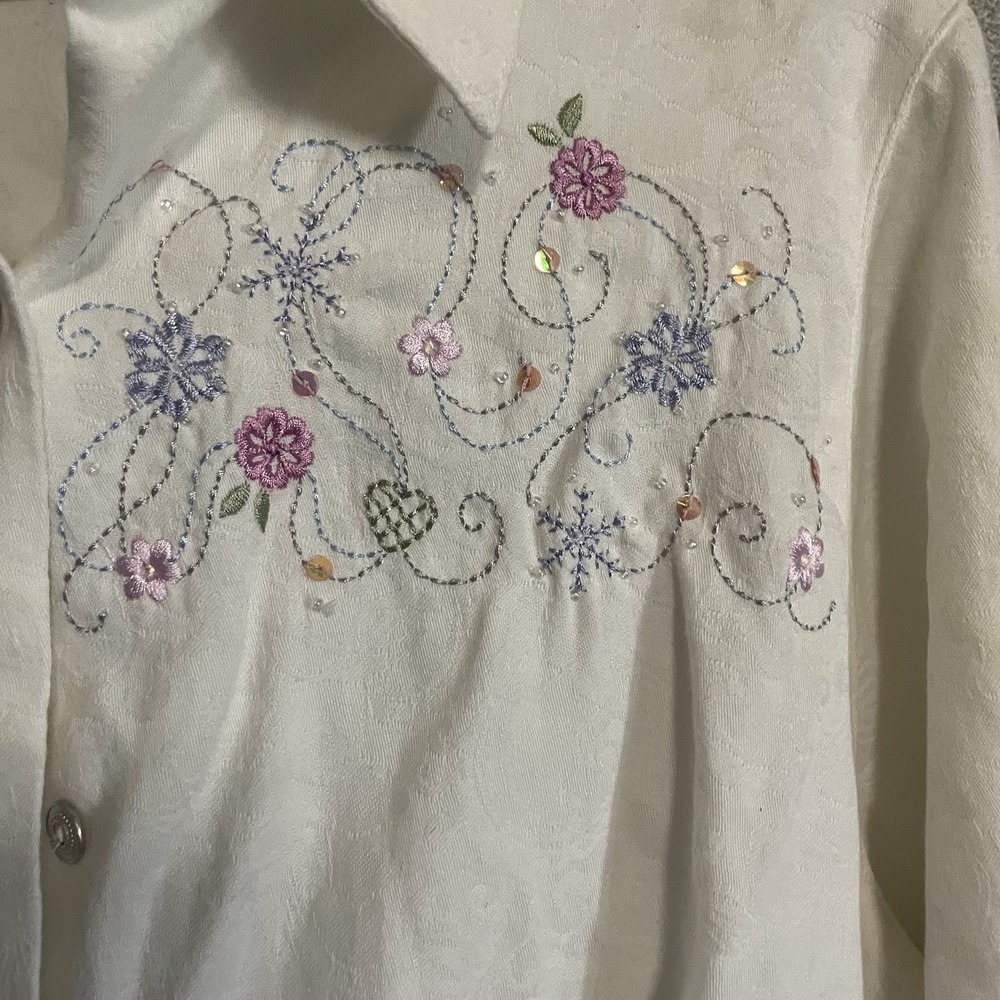 Alfred Dunner 14 P Petite Button Long Sleeve Top Blouse Shirt Sequins Beaded Emb - Picture 2 of 6